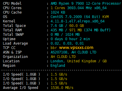 AllHost英国Ryzen VPS测评：英国原生IP看视频12万+，移动往返直连，Ryzen 9 7900处理器硬盘性能好插图